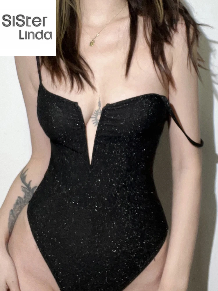 

Sisterlinda 2025 летнее облегающее эластичное боди с низкой грудью и v-образным вырезом, женское уличное боди Y2K, дикая горячая девушка, офисное женское боди