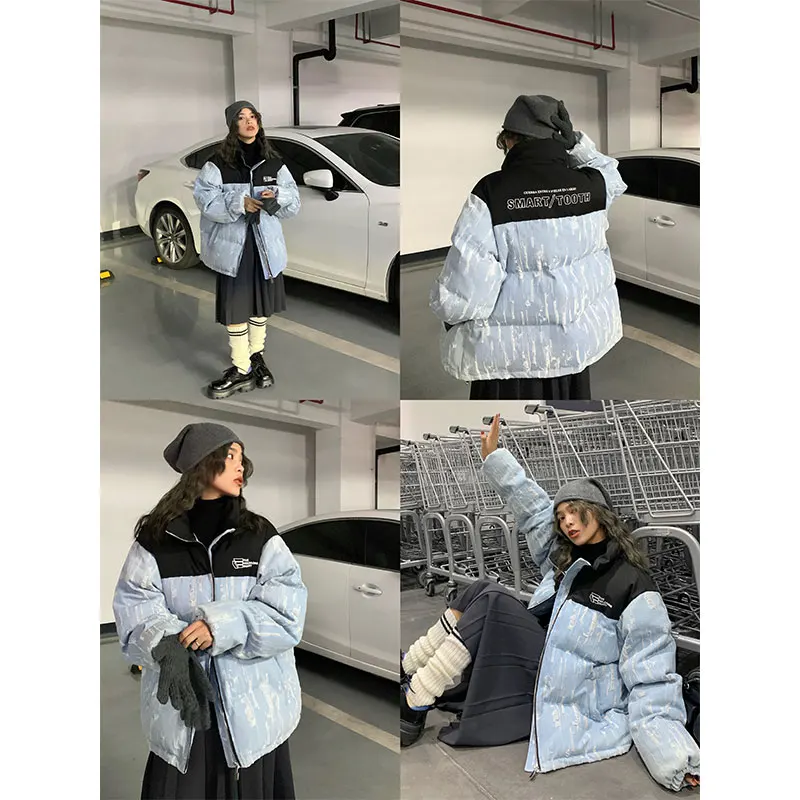 

Утепленная хлопковая куртка женская зимняя уличная в стиле пэчворк из денима, свободного кроя, с длинными рукавами, на молнии