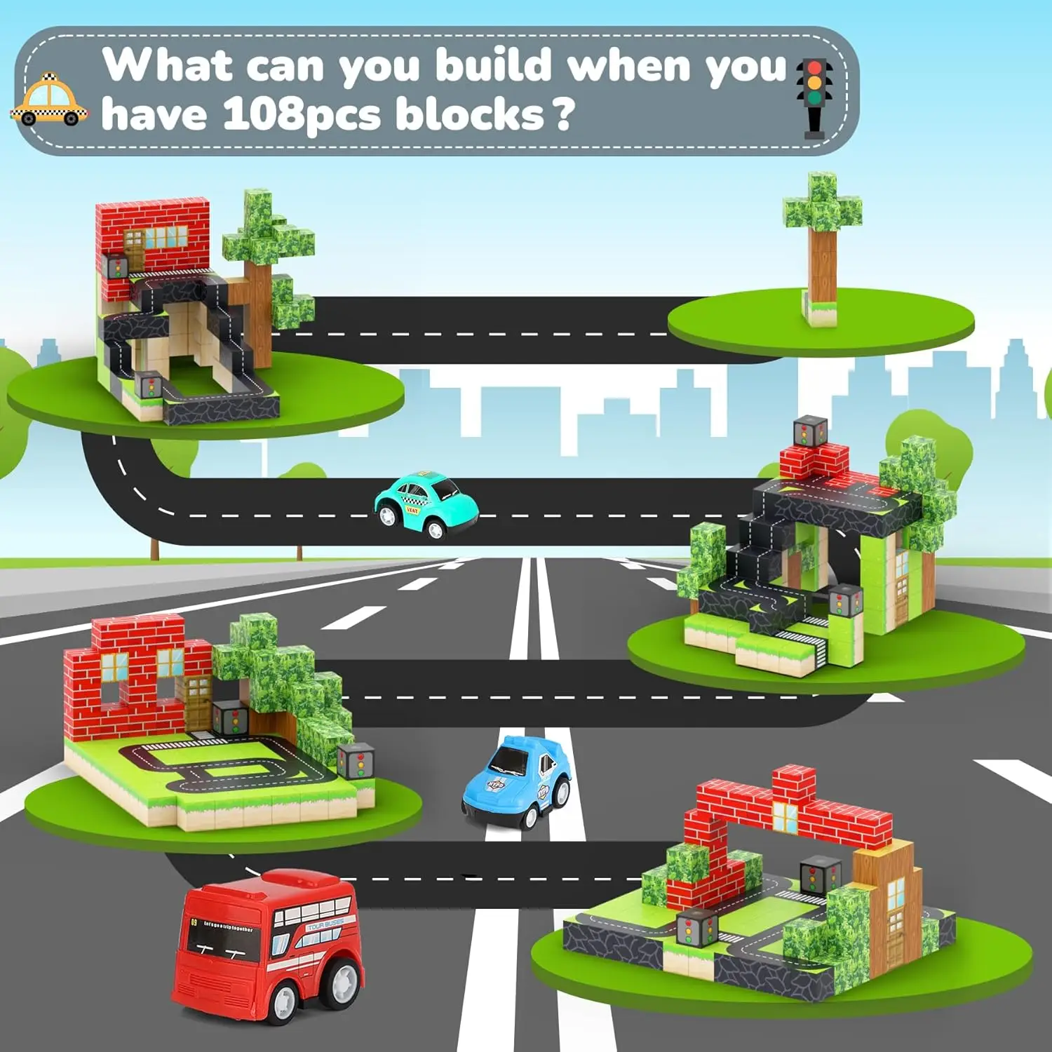 Bloques de construcción magnéticos para niños y niñas de 4 a 6 años, juego de bloques de construcción de ciudad, juguetes apilables, 110 piezas con 5 coches