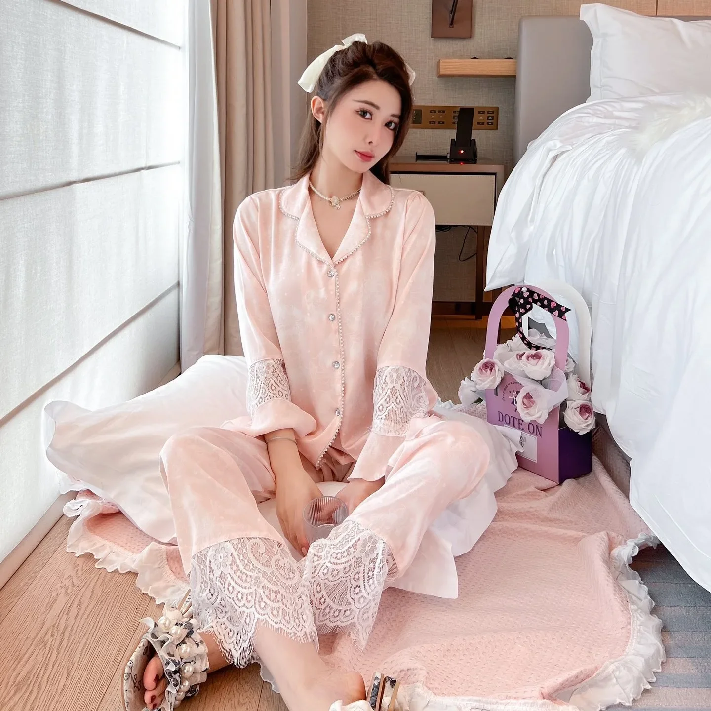 

New Long Sleeve Pajamas Set Women Lapel Flare Sleeve Home Clothes Satin Pijama Mujer Sexy Sleepwear Loose Pyjama Pour Femme