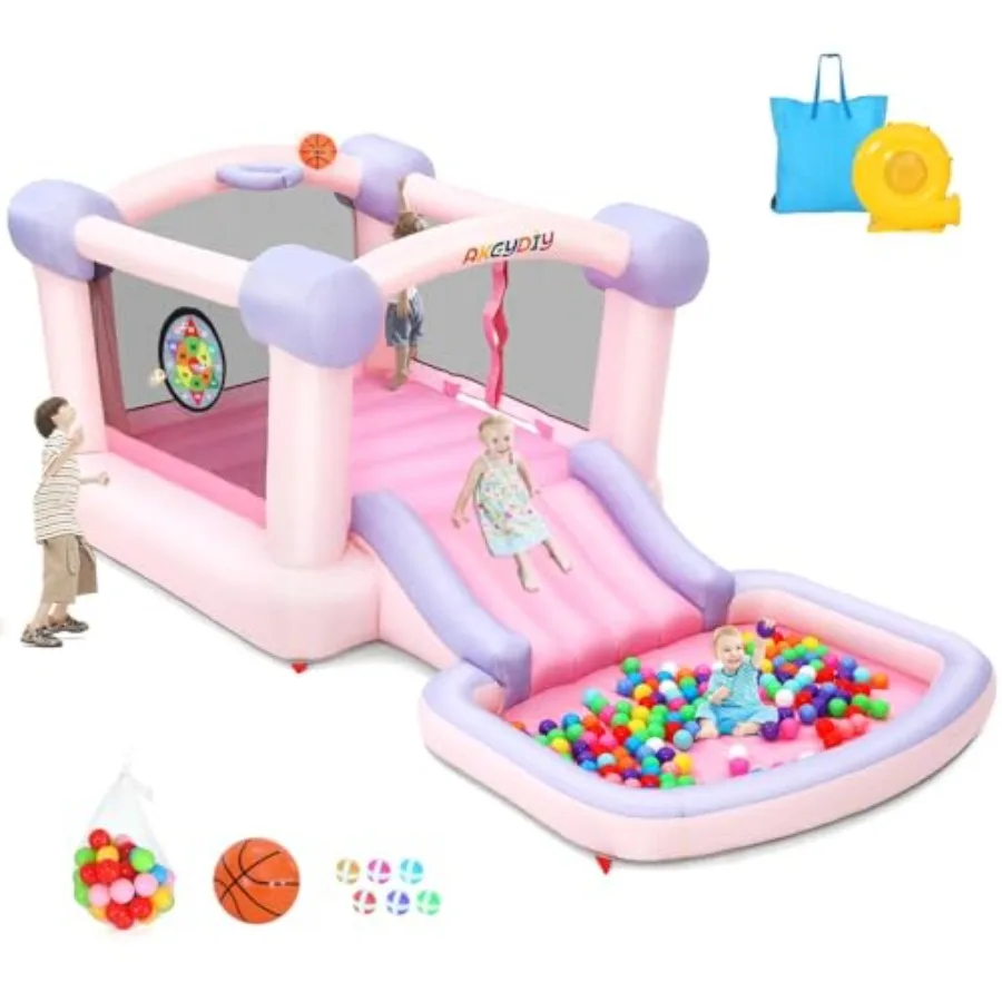 풍선 놀이터 점핑 캐슬 슬라이드 바운서 유아용 뒷마당 바운시 하우스 (송풍기, 볼풀, 농구대, 다트 포함)