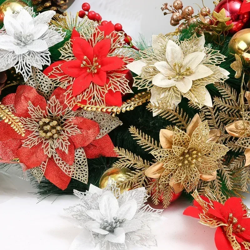 Christmas Red Gold Glitter Flowers Artificial Poinsettia Flower Xmas Tree Ornaments Navidad New Year Party Home Decoration Gifts