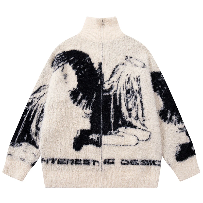 

Autumn Mens Zip Up Knitted Cardigans Hip Hop Angel Graphic Jacquard Sweaters Streetwear Harajuku Casual Fashion Jackets Clothing