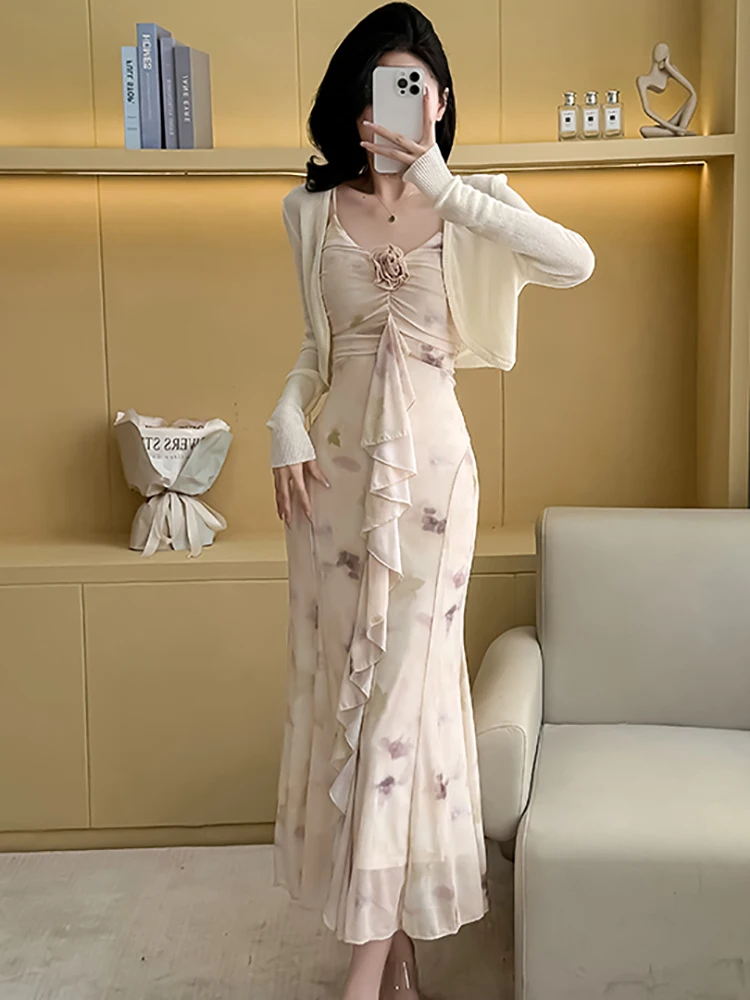 Robe à bretelles Chic en mousseline de soie imprimée pour femmes + Cardigan blanc, ensembles deux pièces, nouvelles robes de soirée de luxe élégantes coréennes, été 2025