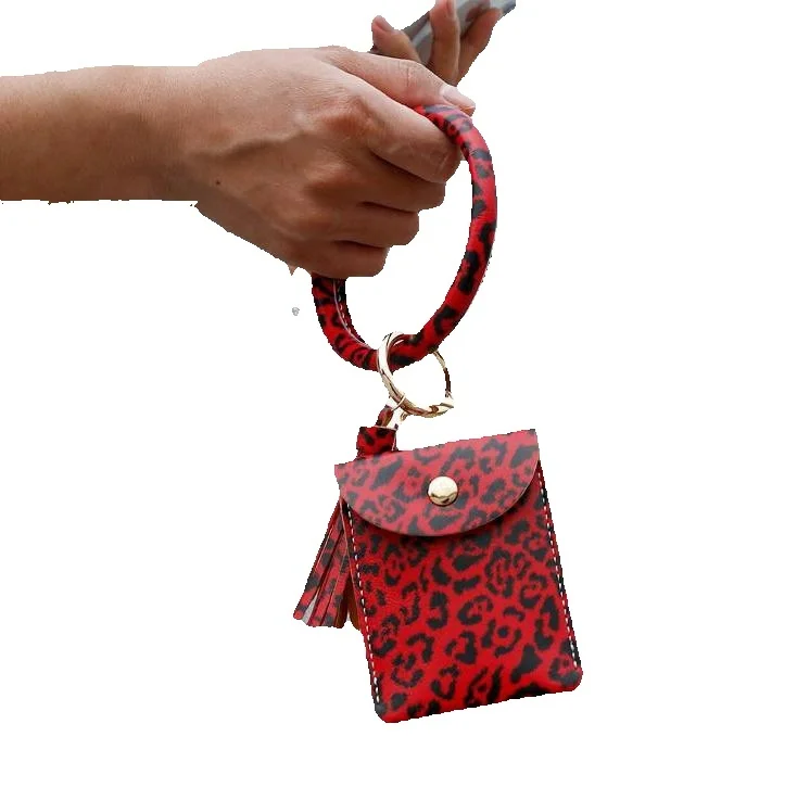 Bracelet Card Bag Wallet Keychain Wristlet Keyring Leopard Handbag Leather Bracelet Keychain Credit Card Holder With Tassel