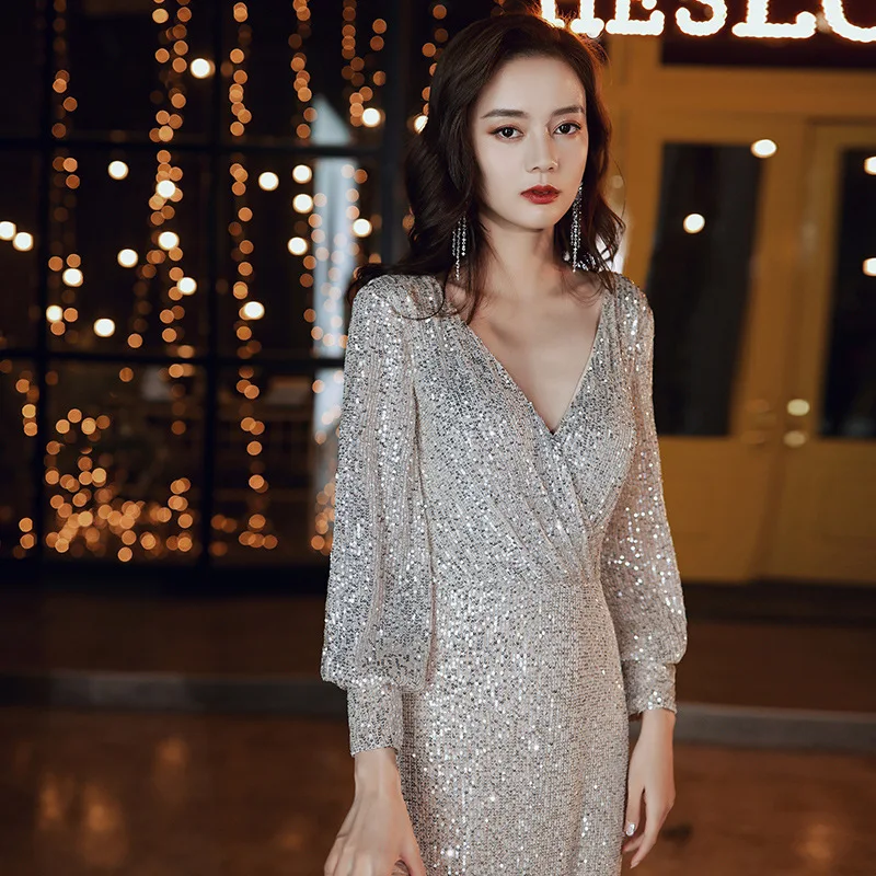 Маленькое вечернее платье для банкета, женское новое длинное серебряное блестками, элегантная юбка «рыбий хвост», хоровое выступление, ведущее