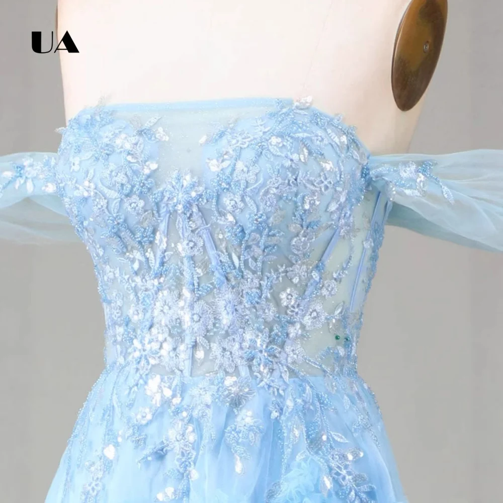 

ULBYANRY Customized Mesh Off-the-shoulder Evening Dresses for Women, Exquisite Appliques Party Dress, Elegant Ruffled Ball Gown