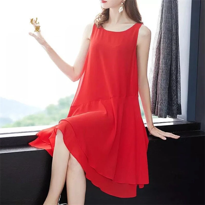 Summer Chiffon Loose Dress Casual Solid Color Midi Tank Dress Spaghetti Strap A-Line Female Dress Plus Size Vestidos robe femme