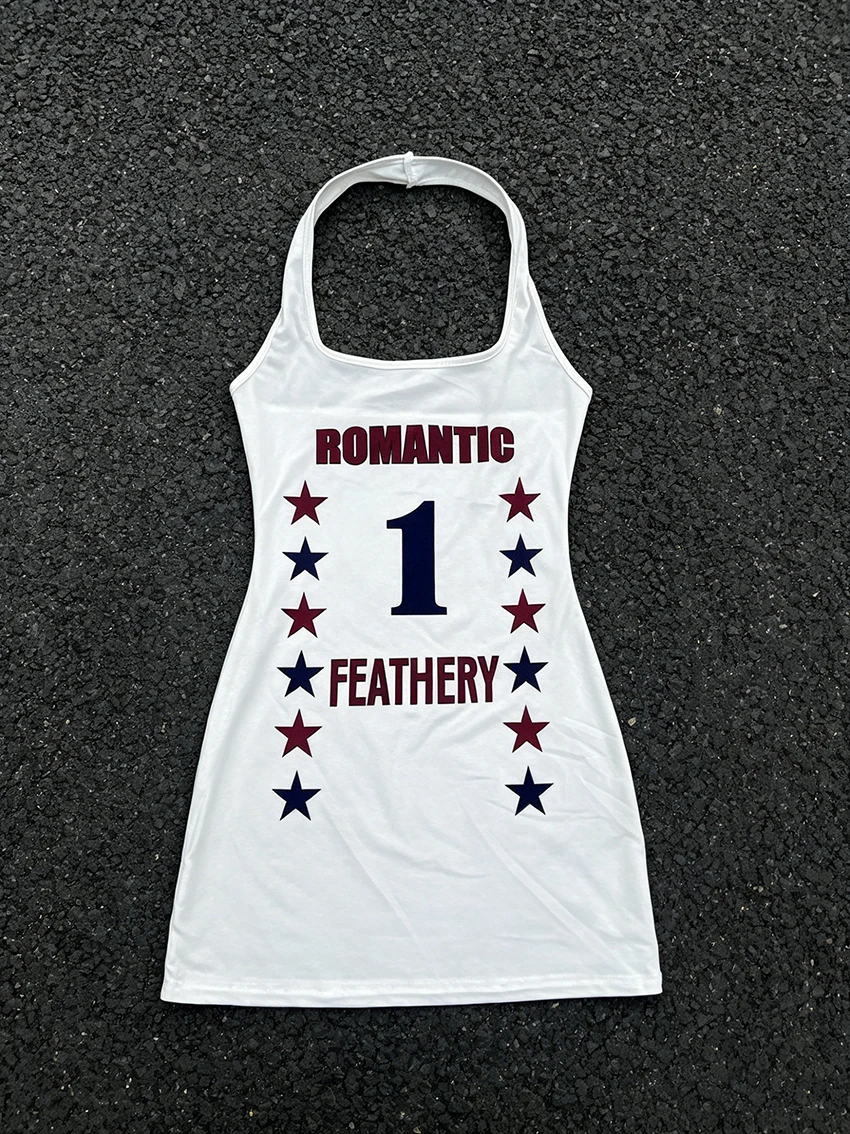 Fashionable Sporty Sexy Spicy Girl Exposed Backpack Hip Skirt American Retro Aesthetics Slim Letter Print Contrasting Neck Dress