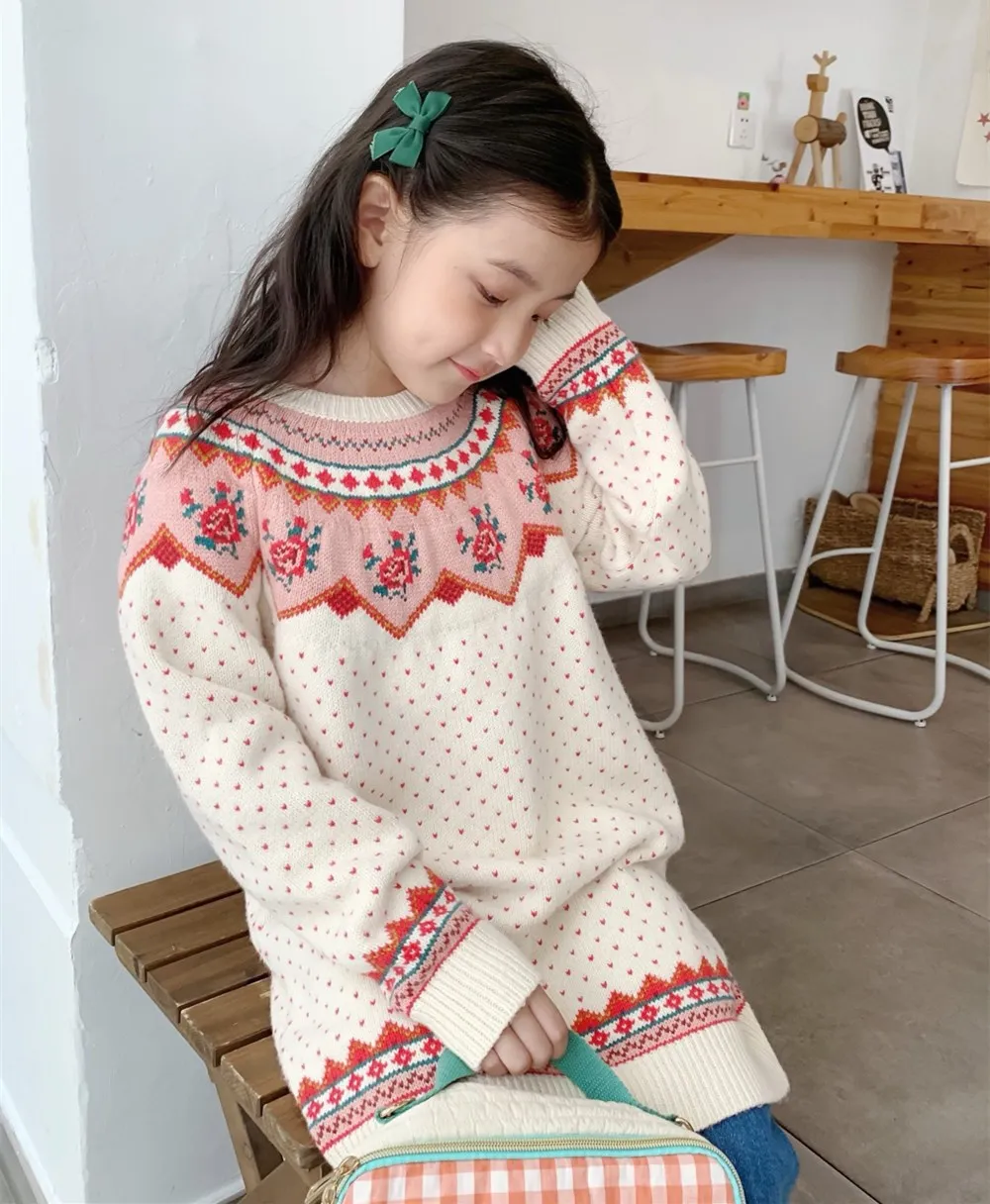 winter kids girls clothes baby sweaters warm soft dress British style retro patterned girls' knitted sweater dress