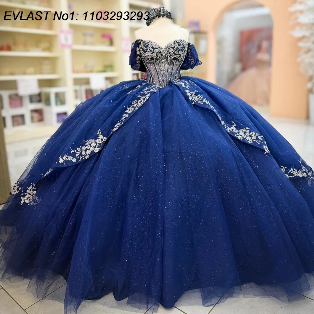 

EVLAST Customized Glitter Navy Blue Ball Gown Quinceanera Dress Silver Lace Applique Beading Sweet 16 Vestidos De 15 Anos E1Q944