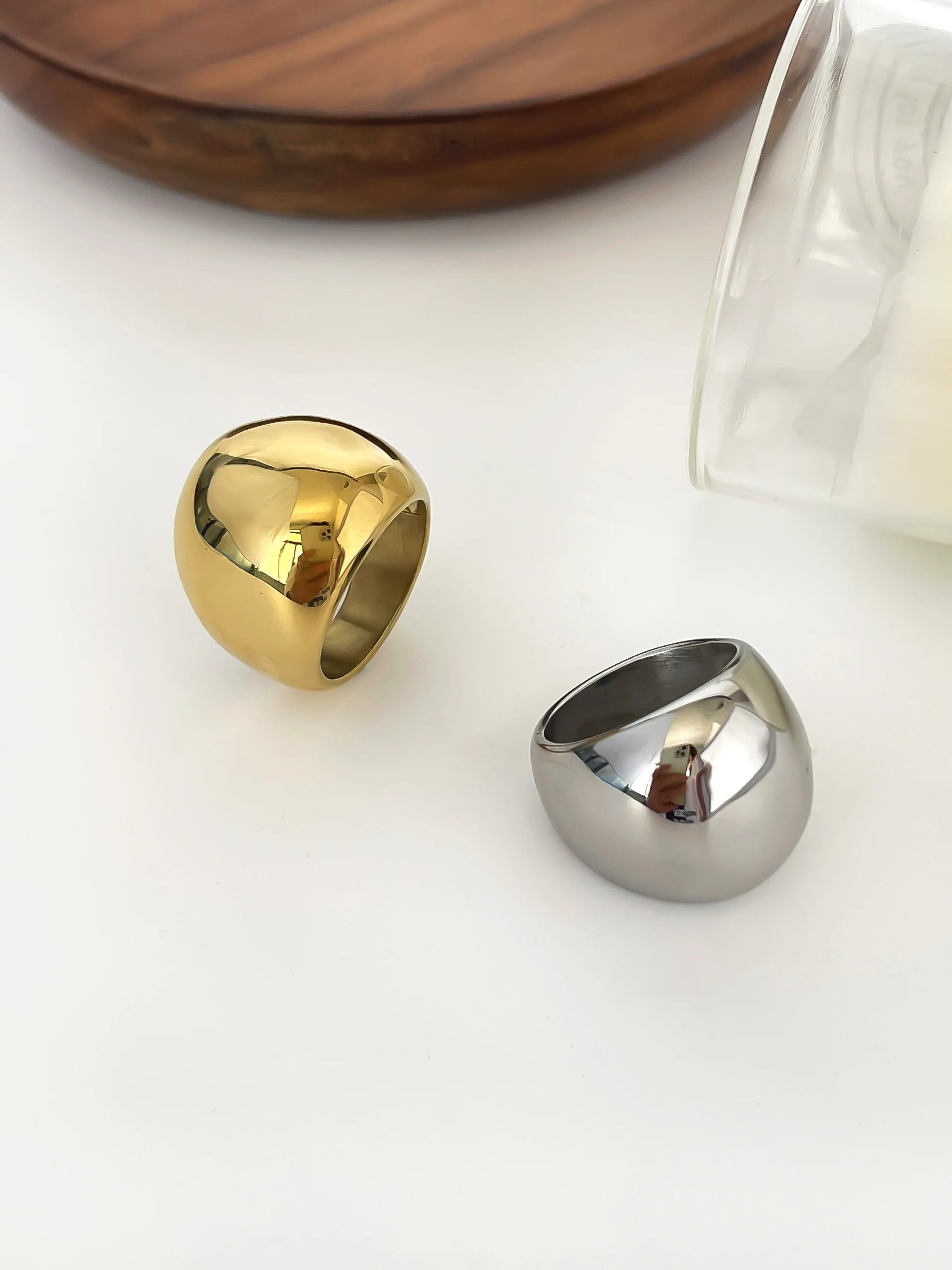 GHIDBK 18K Pvd Gold Plated Chunky Dome Wide Rings for Women Men Punk Stainless Steel Free Tarnish Stackable Statement Jewelry