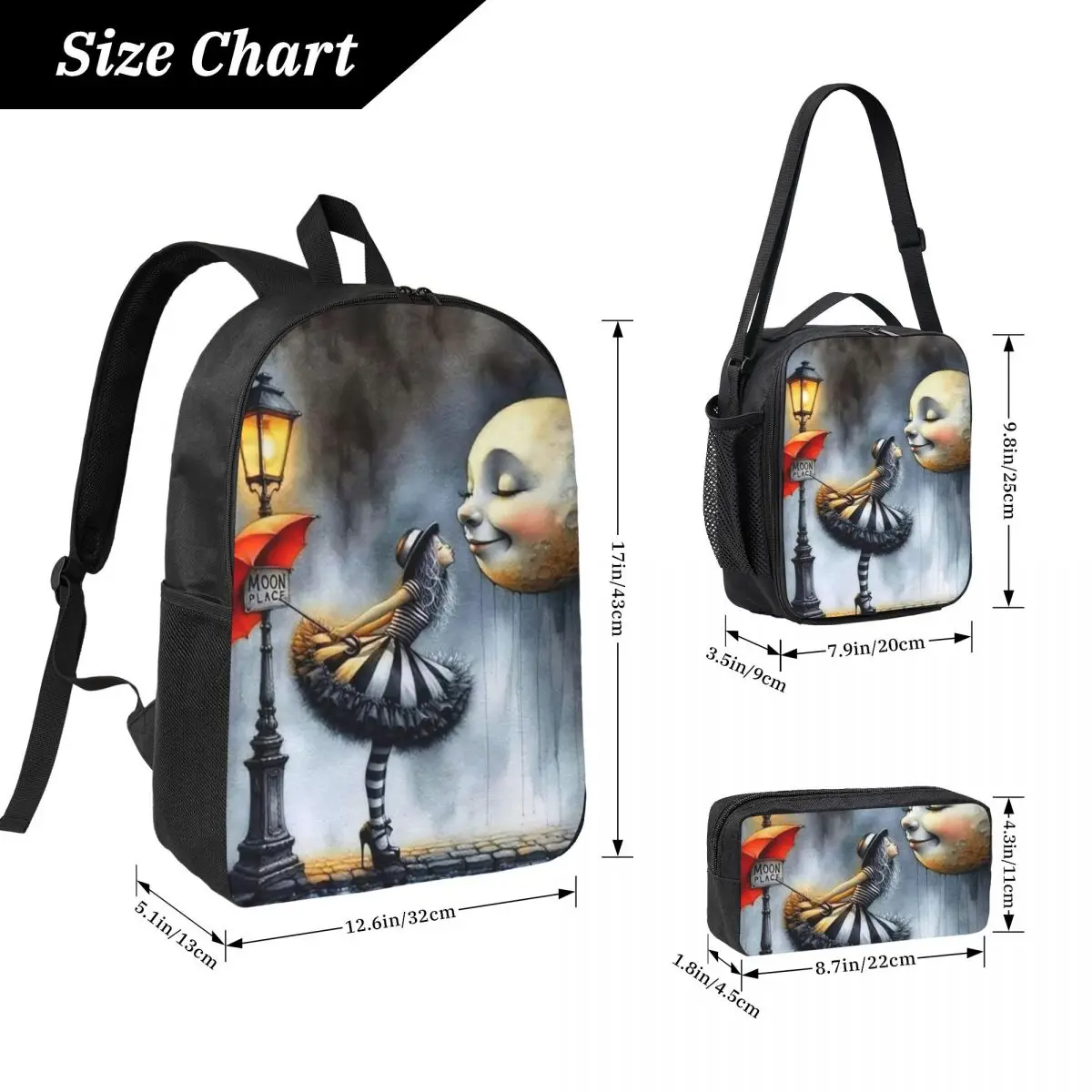 Gothic Girl Kiss Smiling Moon Backpack Student BookBag School Bag Laptop Shoulder Bags 3ps Insulated Lunch Bag Pencil Case