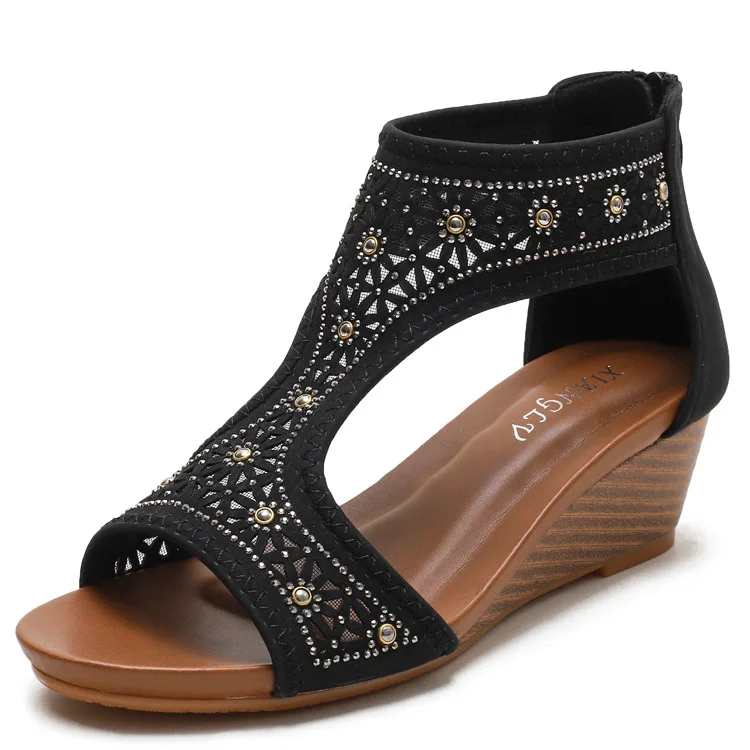 High quality leather flat sandals for women 5cm mid heel new summer 2025 36 42 open toe vintage beach shoe black brown