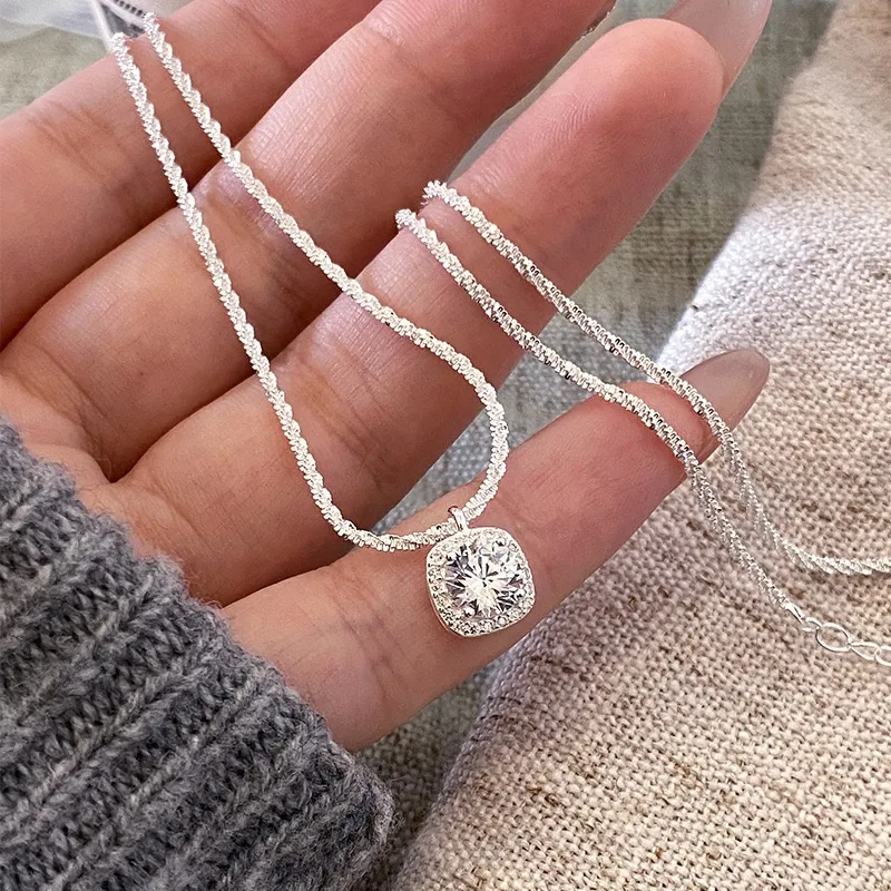 

S925 Sterling Silver Necklaces For Women Simple Chain Fashion Minimalist Pendant Necklaces Square Zircon Necklace Birthday Gift