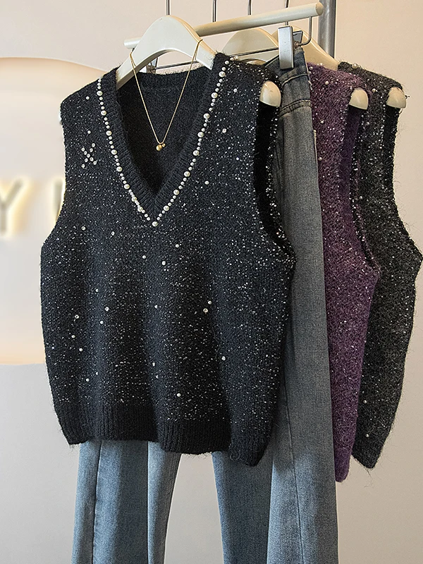 Heavy Embellished Sequin V-Neck Knitted Vest Women's Spring Autumn plus Size Sleeveless Top Glittering Party Wear Outerwear