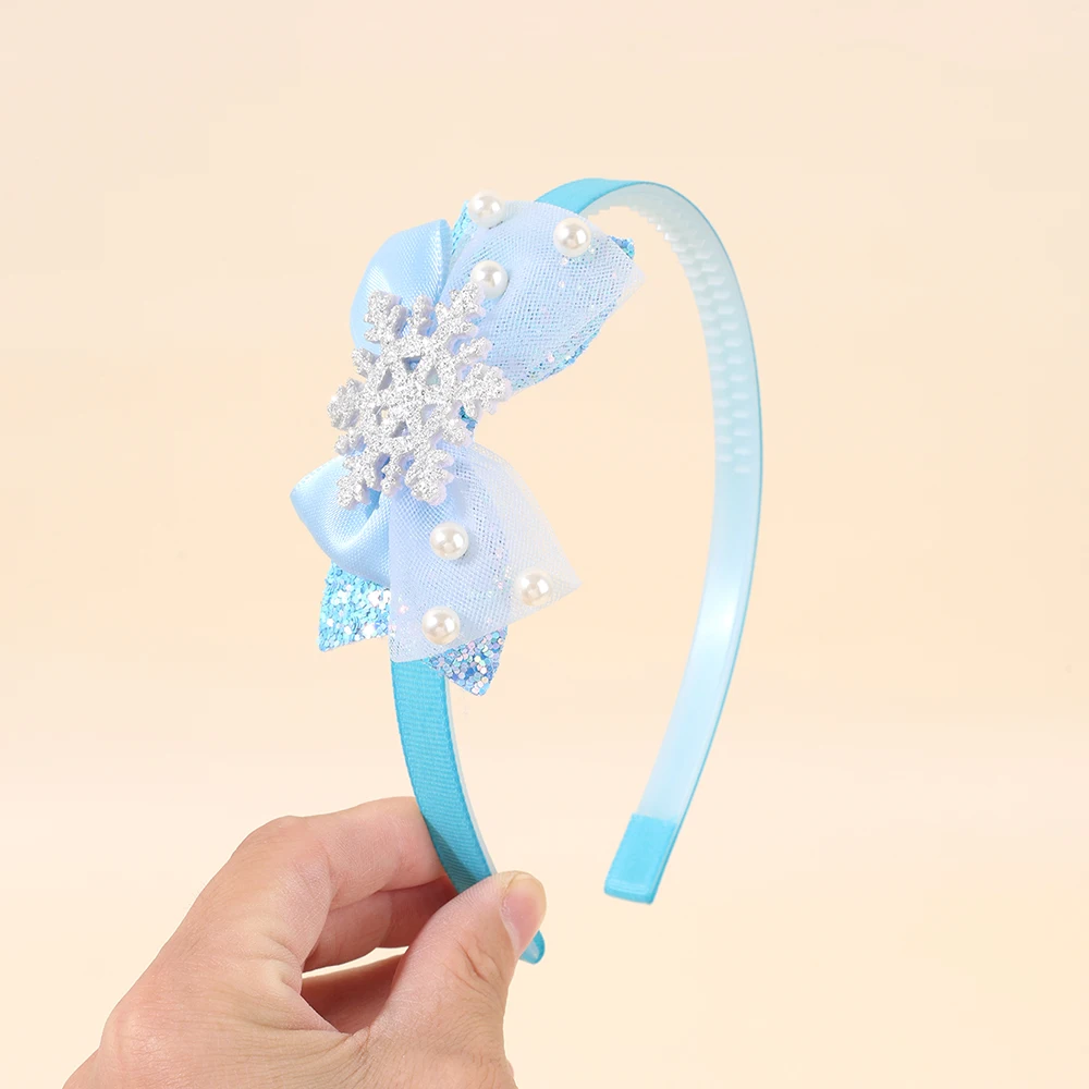 Blue Bow Headband For Girls Sweet Pearls Sparkling Snowflakes Hair Band Princess Hair Hoop Children Elsa Princess Accessories