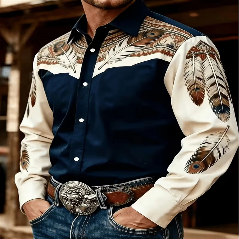 Men Long Sleeve Shirt Western Peacock Feather Splicing Print Turn Down Collar Button Up Autumn Winter Daily Casual Tops Clothing