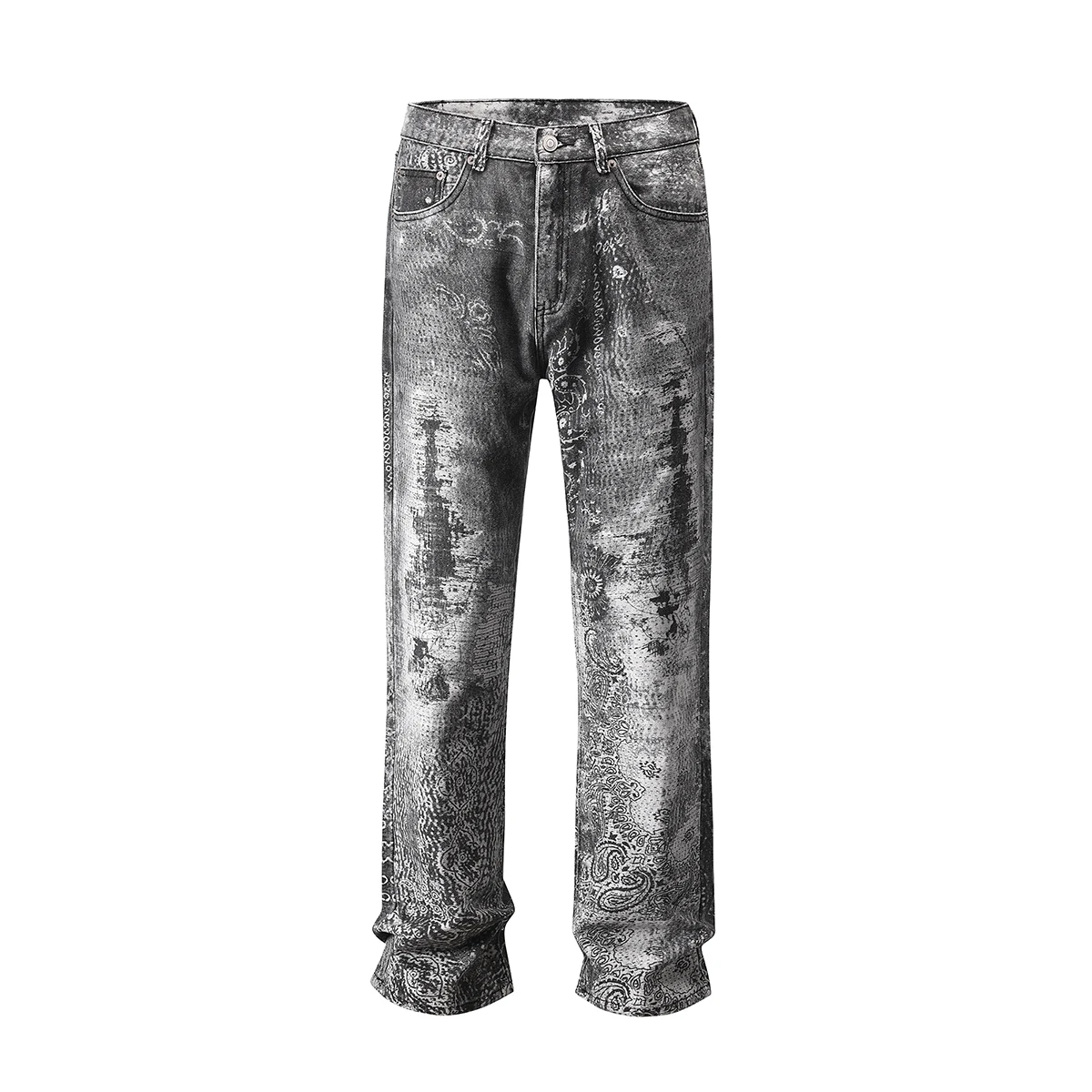 

High Street Cashew Print Washed Frayed Straight Jeans for Men and Women Distressed Casual Baggy Denim Pants Vintage Loose Cargos