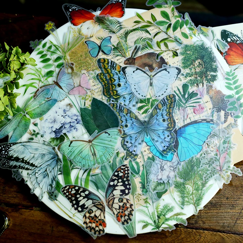 50pcs Large Size Tropical Plant Butterfly Stickers Junk Journal Vintage Flower Animal Stickers Album Diary Scrapbooking Material