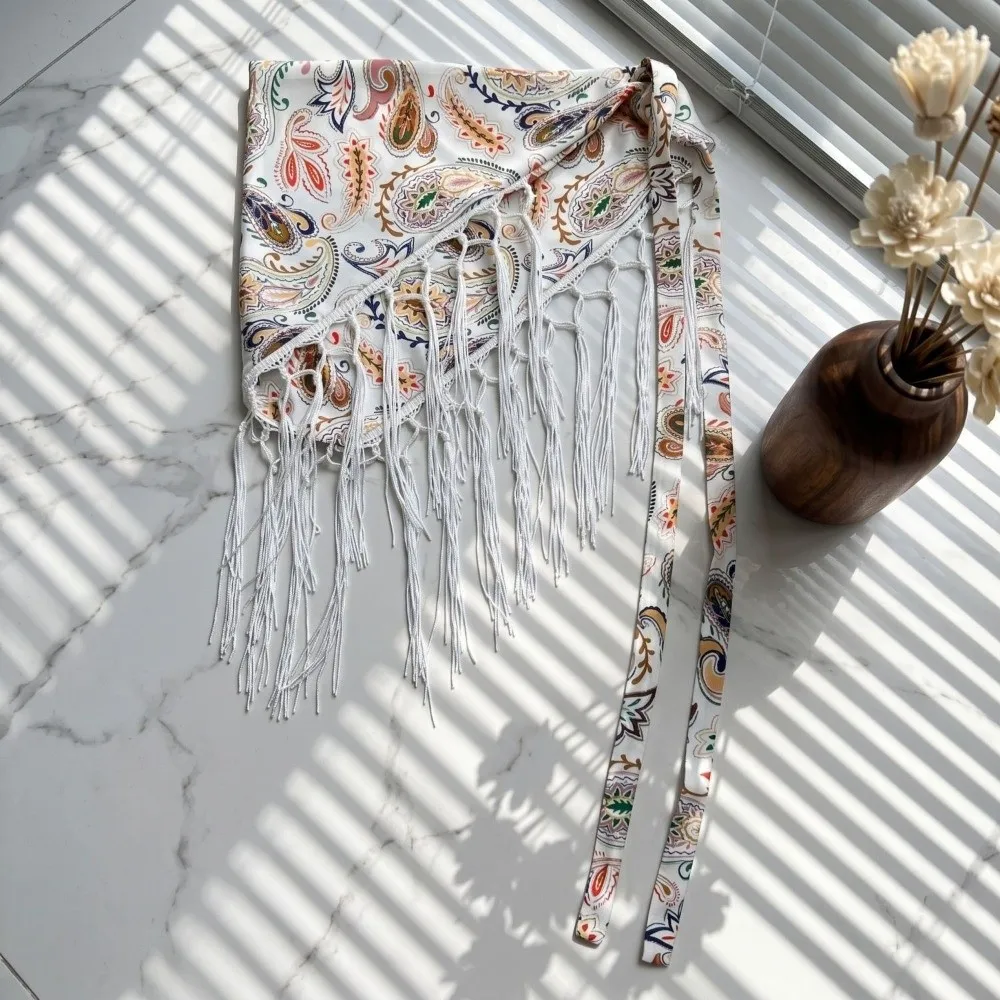 Bohemian Tassel Triangle Waist Band Lightweight Layered Adjustable Wrap Hip Scarf Paisley Printed Decorative Waist Wrap