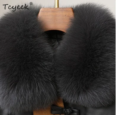 Tcyeek سترة جلدية أصلية للنساء 2025 ملابس شتوية معطف من جلد الغنم الحقيقي للنساء 90% معاطف بيضاء مبطنة بياقة من فرو الثعلب