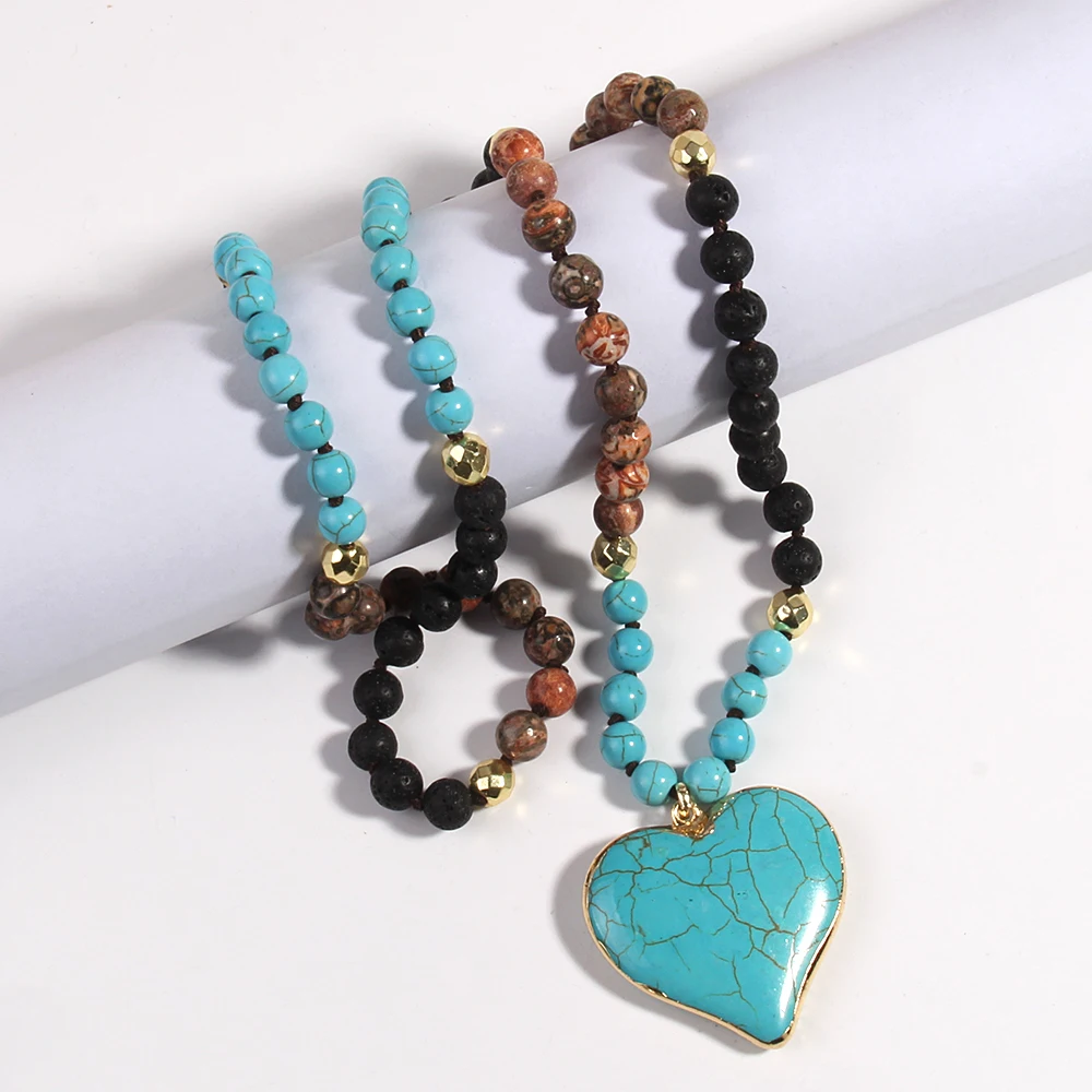 Fashion Bohemian Jewelry Accessory 8mm Blue Stones Knotted With Stone Heart Pendant Necklaces For Women Boho Necklace