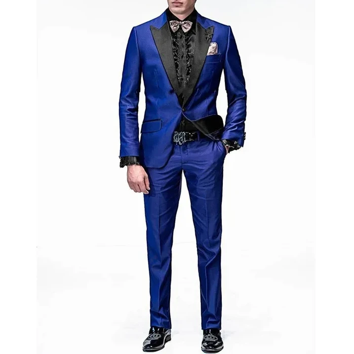 Italian Royal Blue Satin Elegant Men Suit Stage Show Slim Fit Blazers Groom Tuxedo Prom Party High Quality Custom 2 Piece Set