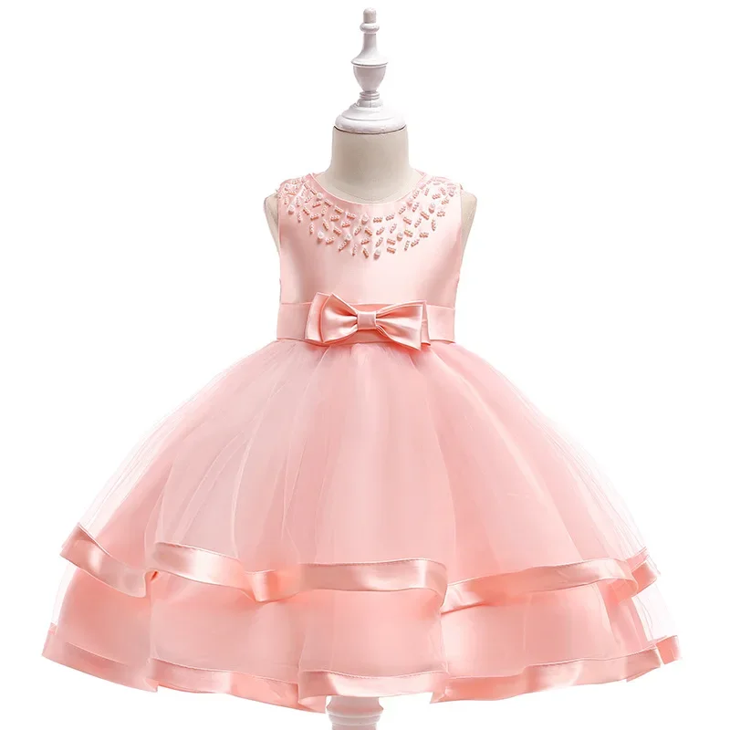 7 Colors Kids Elegant Pearl Cake Princess Dress Girls Dresses for Wedding Evening Party Embroidery Flower Dress Girl Clothes