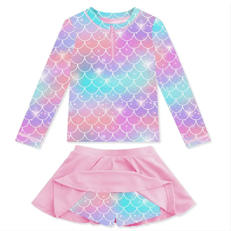 New Girls Swimwear Trendy Printed Long Sleeve Two-Piece Swimsuits Child Casual Sun-Proof Bathing Suit Kids Surf Beach Wear 3-12Y