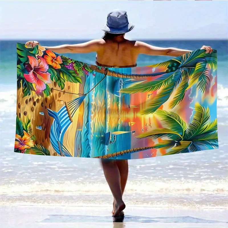 1pc Extra Large Tropical Beach Sunset Print Towel/Soft, Absorbent Quick-Dry Polyester/3 Sizes for Pool, Camping