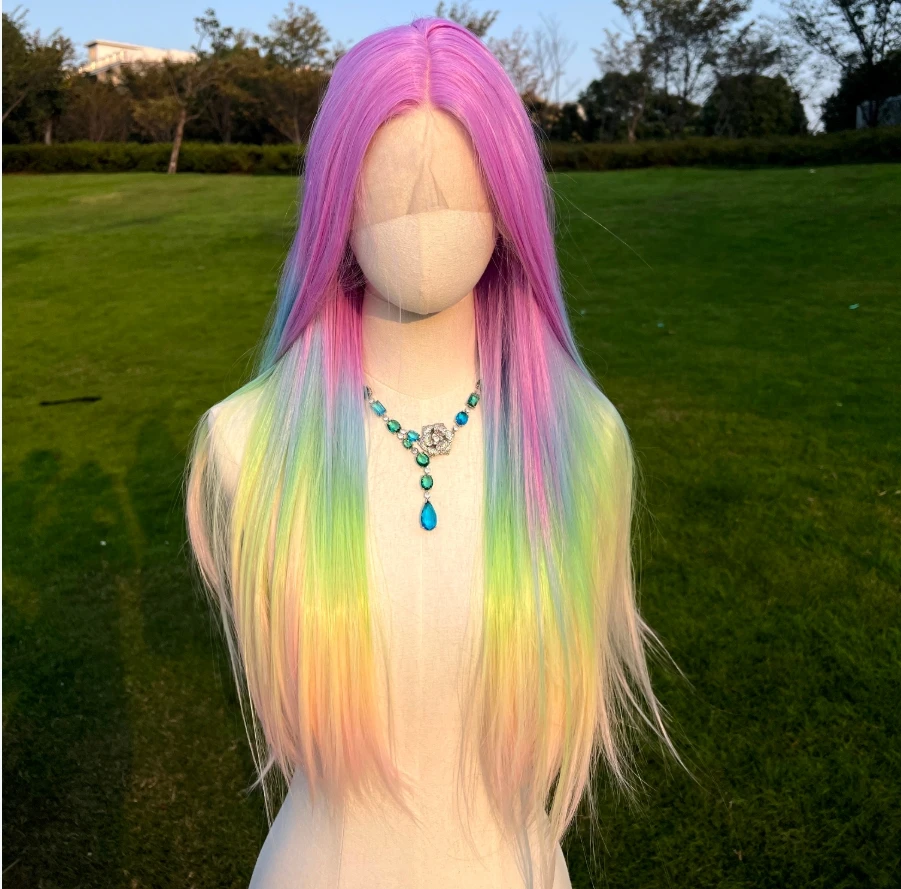 Hot selling hot selling lace wig in Europe and America, women\'s rainbow color gradient color long natural daily straight hair