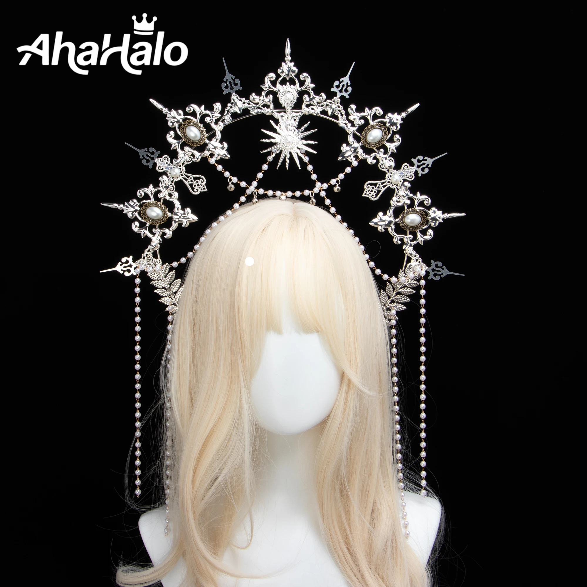 Argent gothique Halo couronne casque Lolita soleil déesse reine diadème perle perlée chaîne bandeau carnaval Halloween accessoire de cheveux