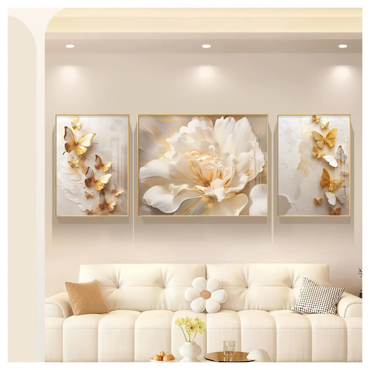 

3pcs/set Luxury Canvas Painting Scroll, Golden Butterfly White Flower Canvas Wall Painting, Modern Canvas Painting, Living Room