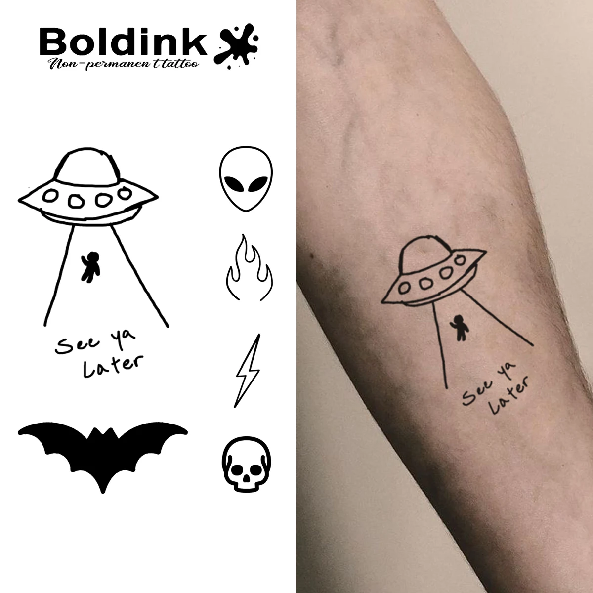Boldink Organic Hand-Drawn UFO Alien Bat Skull Sticker Tattoo for Quirky Self-Expression, Casual Hangout Vibe & Artful Fun.