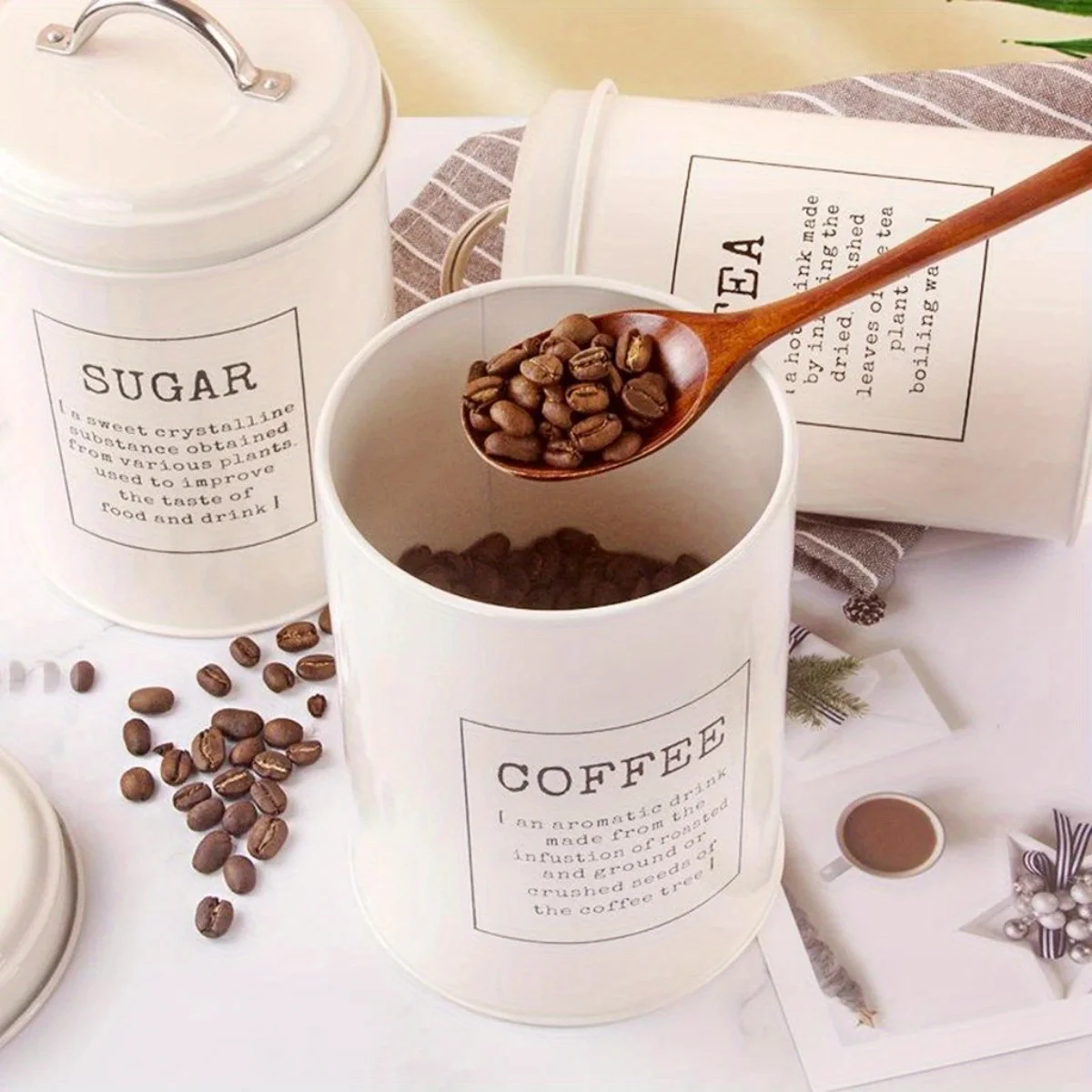 3Pcs/set Coffee Sugar Container Sets Decor Lid Farmhouse Metal Tea Coffee Sugar Storage Jars Canister Bin Pot Kitchen Container