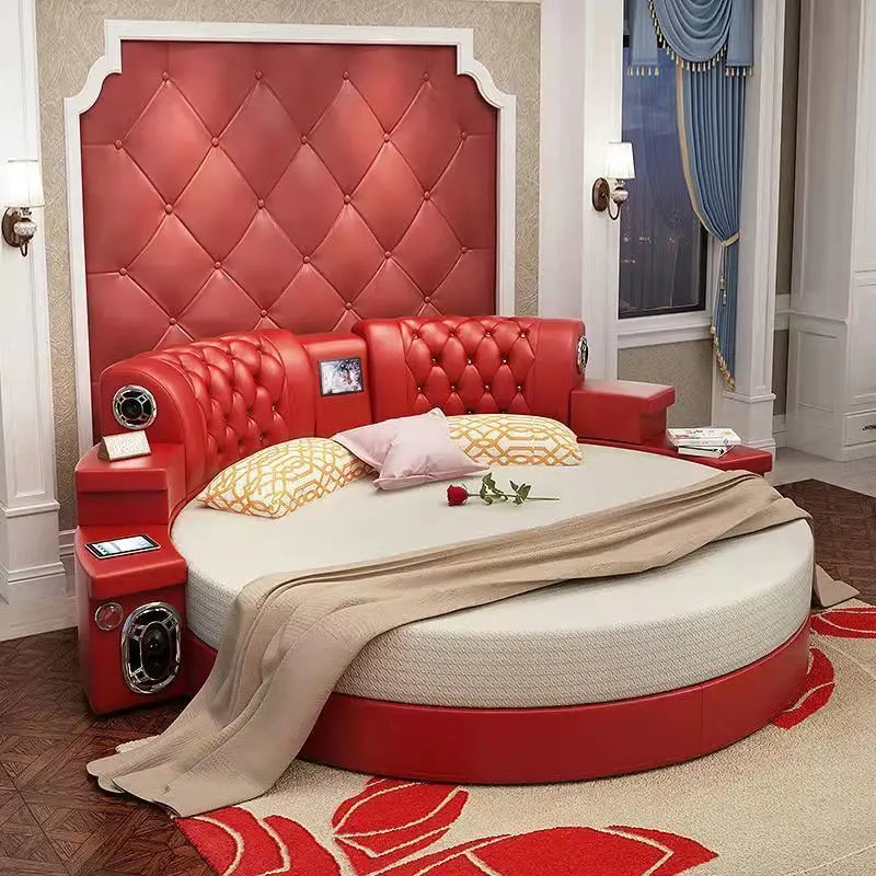 double leather art  European multi-function music massage bed wedding bed princess bed round soft leather