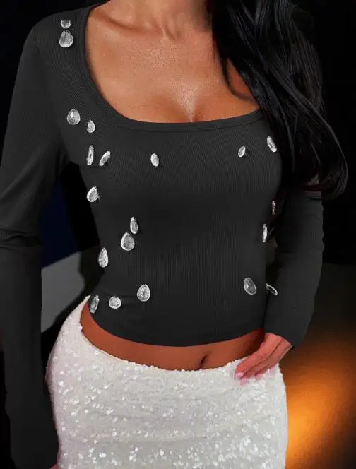 Y2K 핫걸 스타일 긴팔 퓨어 컬러 조끼 티셔츠