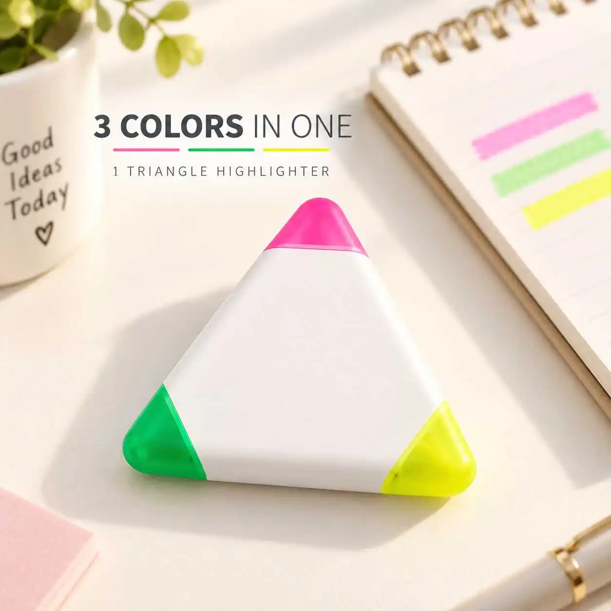 3 in 1 Triangle Highlighter One White Rounded Plate Pink Green Yellow Chisel Tips Journal Marker Single Unit