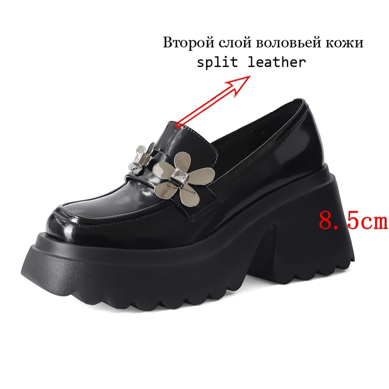 Krazing Pot Cow Split Leather Round Toe Slip on Super Thick High Heels Modern Shoes Flower Crystal Decorations All-match Pumps