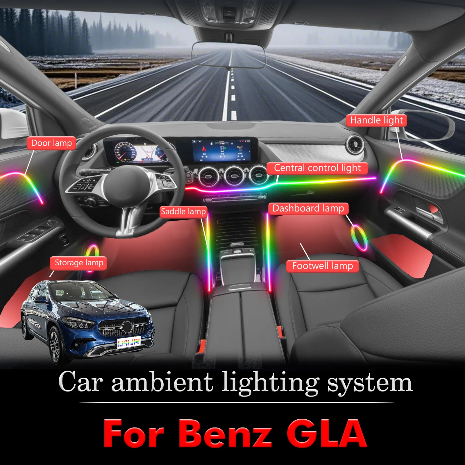 

For Benz GLA Smart Remote Control Car Interior Ambient Light RGB 64 Colors LED Energy Saving Efficient Lamp Kit
