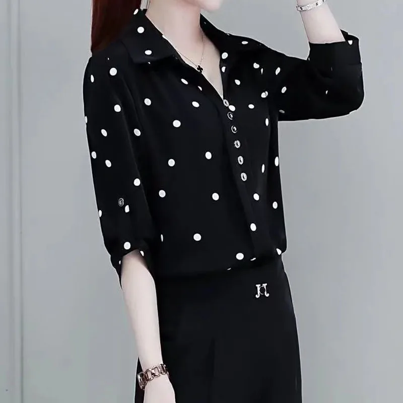 Office Lady Commuter Turn-down Collar Polka Dot Print Blouses Summer New Women\'s Clothing Fashion Button Pullovers Elegant Shirt