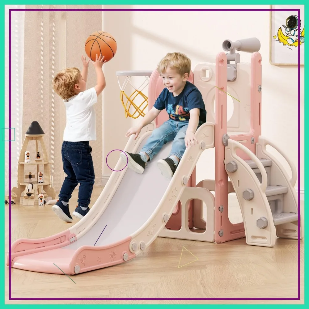 

6-in-1 Kids Slide & Climber Set with Basketball Hoop and Telescope, Indoor Outdoor Toddler Playground in Pink