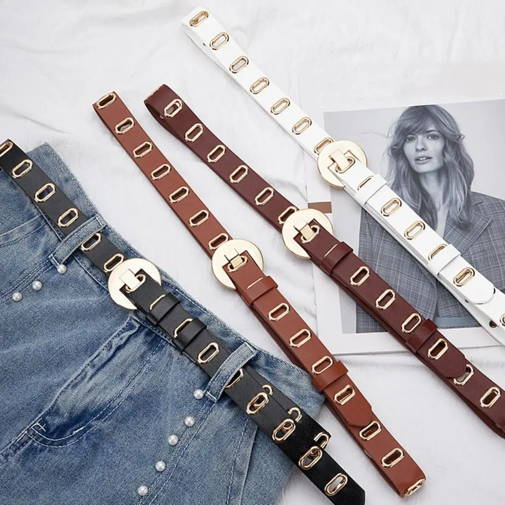 

Vintage Round Buckle PU Leather Belt Hollow Hole Women Waistband Thin Korean Style Waist Belt Jeans