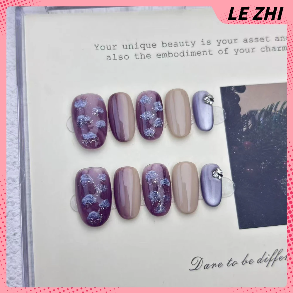 10 قطعة زهور فضية فاخرة خفيفة مصنوعة يدويًا قصيرة مربعة مستديرة اضغط على مسمار لؤلؤة فلاش مسحوق عين القط التدرجات غطاء كامل للأظافر