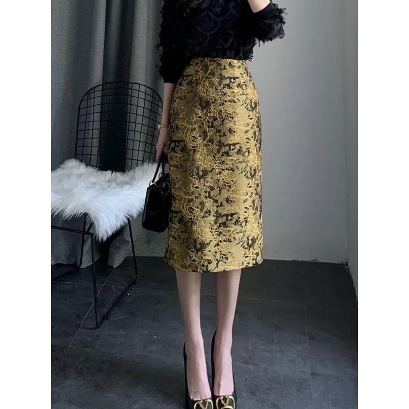 

Юбка в национальном стиле для женщин, весна-осень 2023, новинка, с высокой талией, средней длины, с разрезами, прямой стиль, облегающий бедра