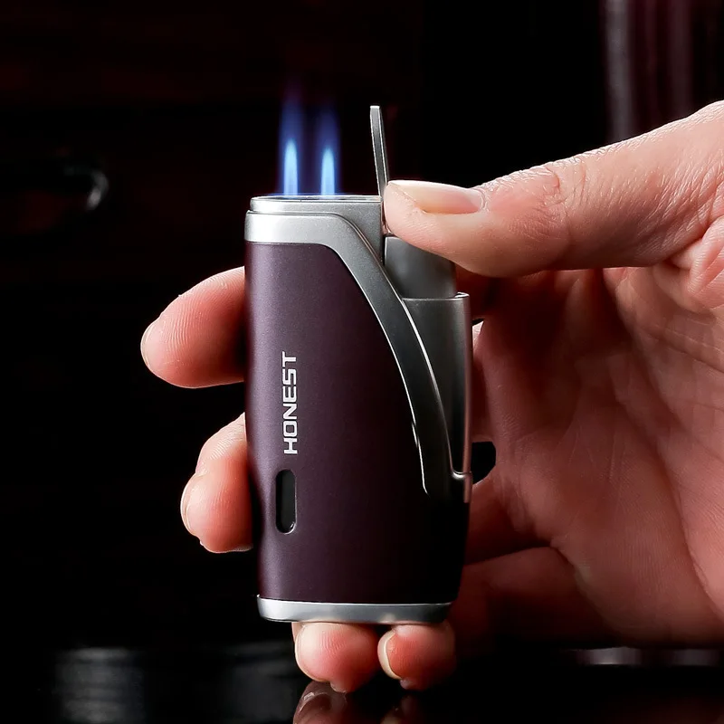 HONEST Double Jet Windproof Blue Flame Butane Gas Torch Lighter Visible Gas Window Cigar Diamond Cigar Lighters Smoking Gadgets