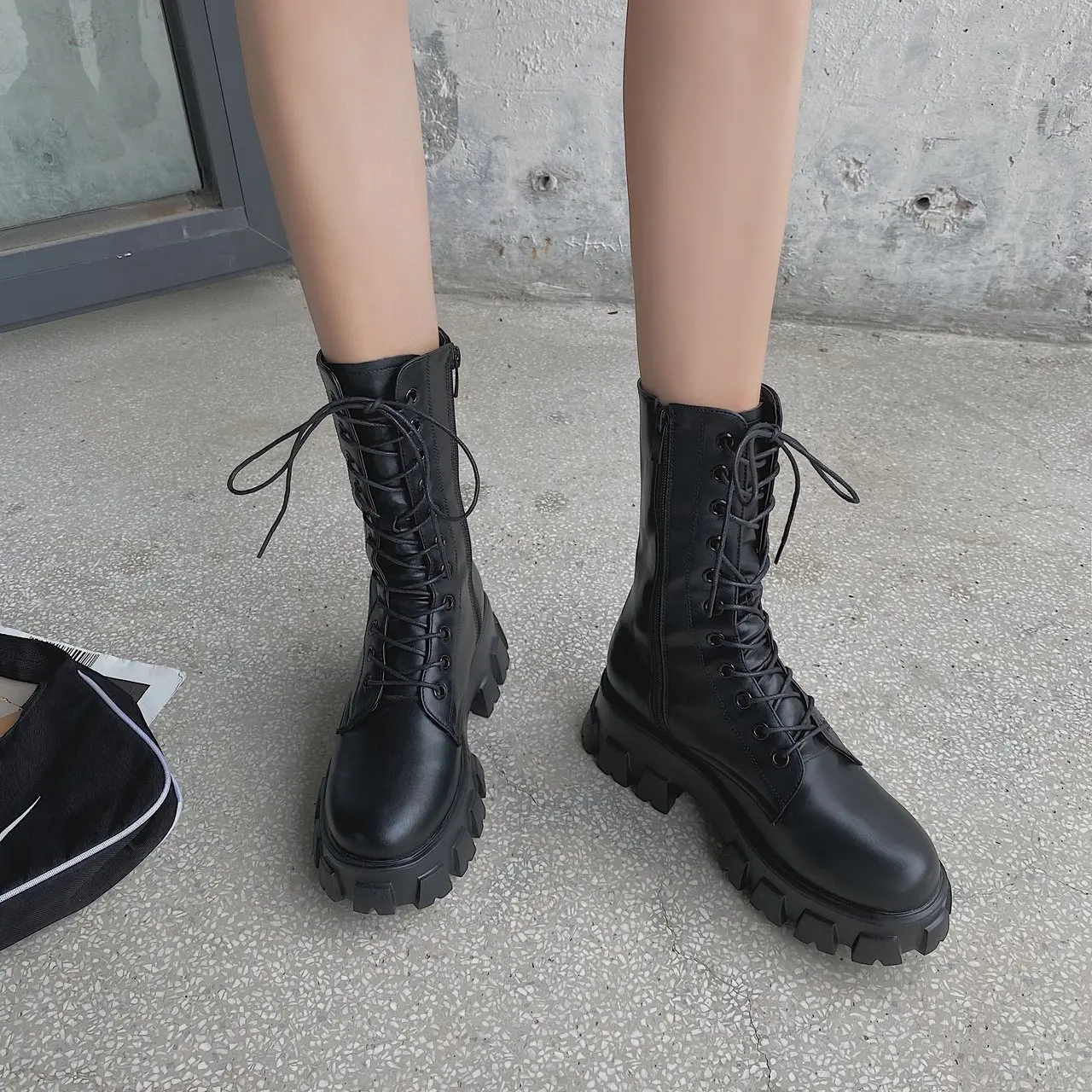 Women Motorcycle Boots Wedges Flat Shoes Woman High Heel Platform PU Leather Boots Lace Up Women Shoes Black Boots Girls