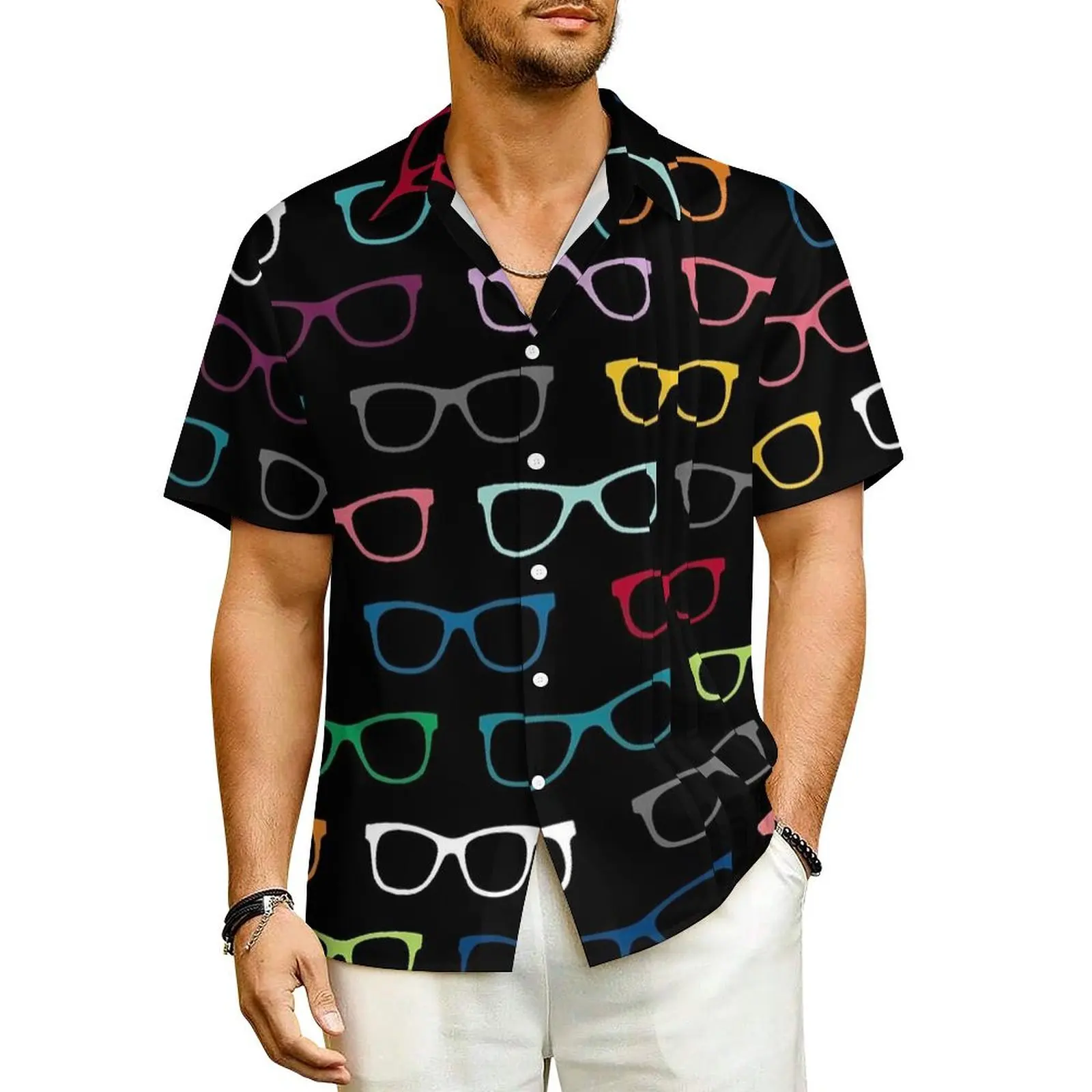 

Hawaiian Shirt Beach Colorful Glasses Blouses Hipster Eyeglasses Vintage Casual Shirts Men Short Sleeve Streetwear Plus Size Top