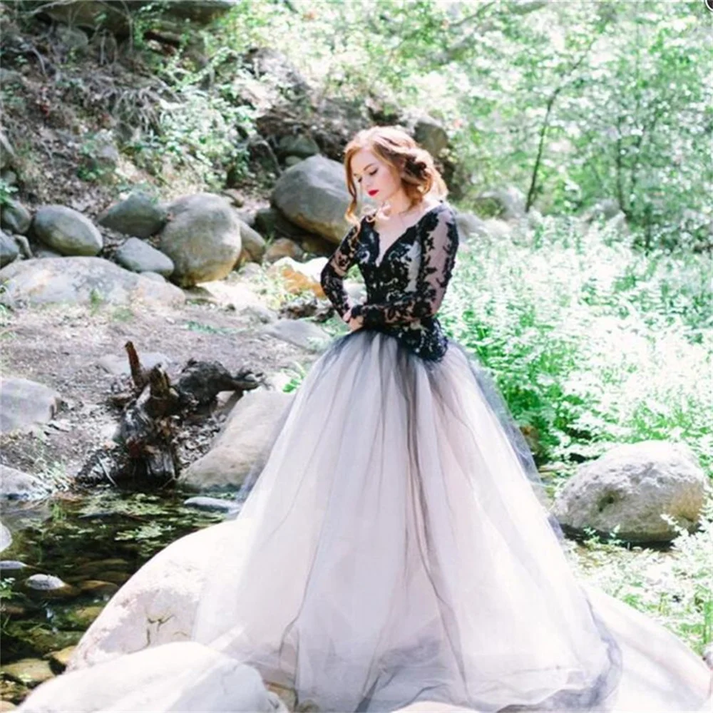 

Fairy Gothic Black Wedding Dress Long Sleeve Lace Beach Country Bride Dresses Open Back Tulle Bohemian Forest Bridal Customized